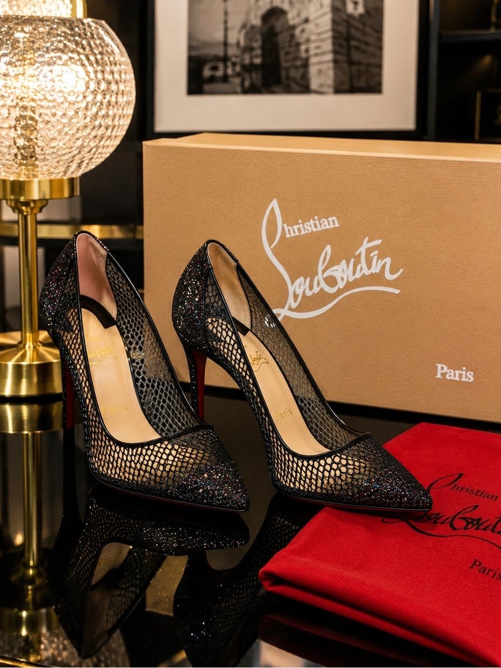 Christian Louboutin Black Glitter Mesh Pumps with Red Soles
